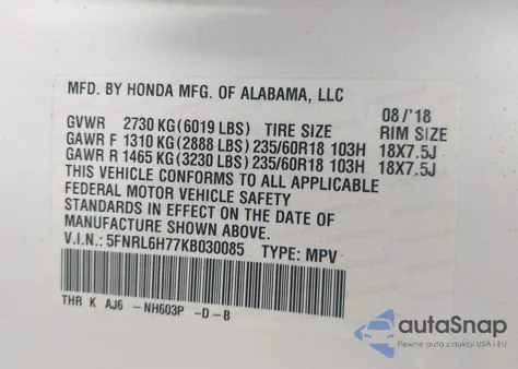 2019 Honda Odyssey Ex-L z USA, uszkodzony, nr VIN 5FNRL6H77KB030085